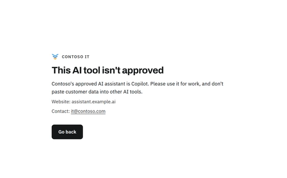A block page for an AI tool that isn't approved, pointing users to the organisation's approved AI assistant