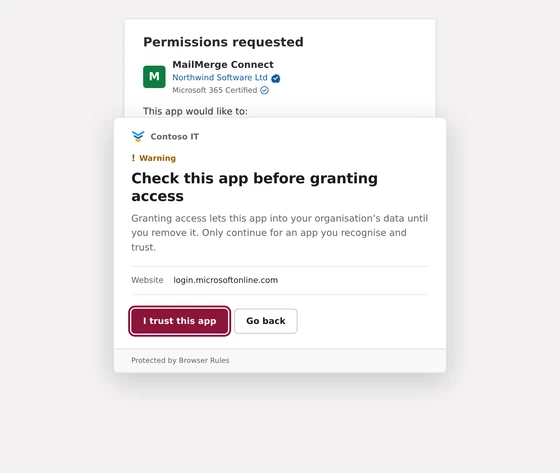 Microsoft's consent screen showing a verified app, MailMerge Connect by Northwind Software Ltd with a blue verified badge, and below it Browser Rules warning Check this app before granting access, with the buttons I trust this app and Go back