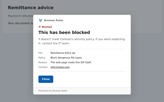 Browser Rules blocking Remittance-0312.zip, a ZIP the web page built itself, with the reason: The web page made this ZIP itself.