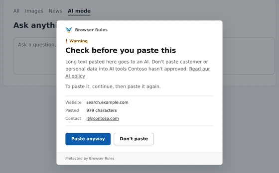 A warning before a customer list is pasted into a search engine's AI mode, naming the 979 characters pasted, with Paste anyway and Don't paste