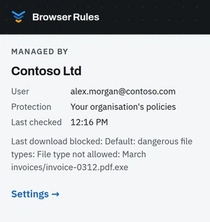 The Browser Rules toolbar popup: managed by Contoso Ltd, with the user and "Your organisation's policies"