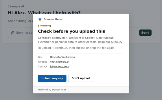 A warning before a customer list is uploaded to an AI tool that isn't approved, naming the approved assistant, with Upload anyway and Don't upload